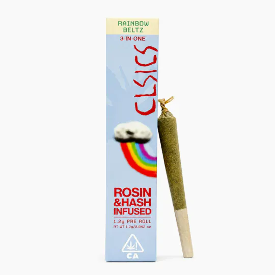 CLSICS Rosin & Rosin Infused Pre Rolls - Rainbow Beltz - Trifecta Hash/Rosin/Flower Infused Joint - 1.2g - 1