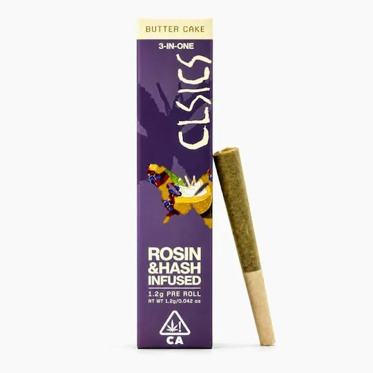 CLSICS Rosin & Rosin Infused Pre Rolls - Butter Cake - Trifecta Hash/Rosin/Flower Infused Joint - 1.2g - 1
