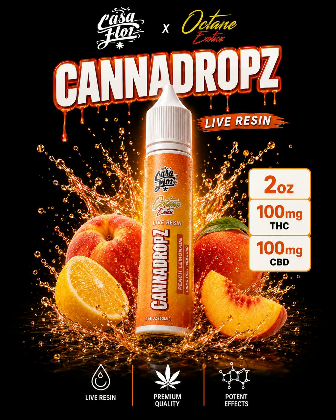 Casa Flor - Casa Flor x Octane Exoticz | CannaDropz | Peach Lemonade | 1:1THC:CBD | 2oz - 1