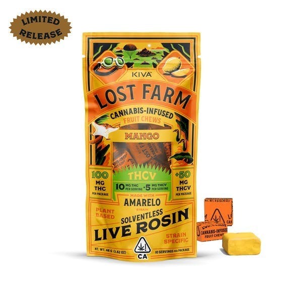 Lost Farm - Mango 'Amarelo' 10:5 THC:THCV Live Rosin Chews | 100mg | 10ct | 10mg/ea - 1