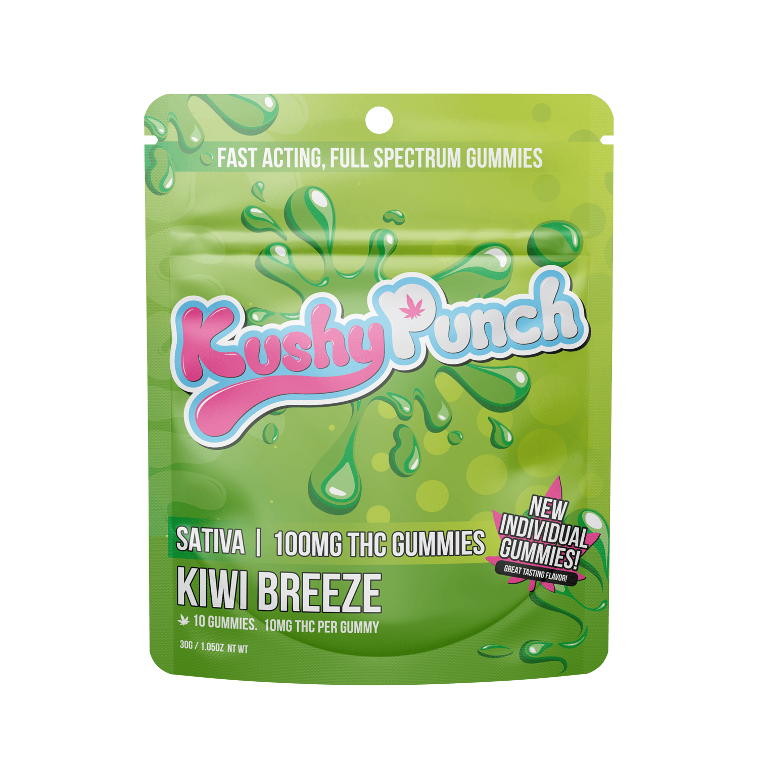 Kushy Punch - Kiwi Breeze Individual Gummies | 100mg | 10ct | 10mg/ea - 1