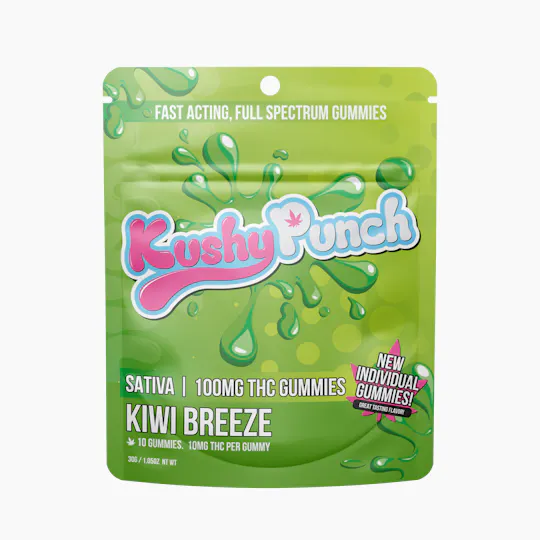 Kushy Punch - Kiwi Breeze Individual Gummies | 100mg | 10ct | 10mg/ea - 1