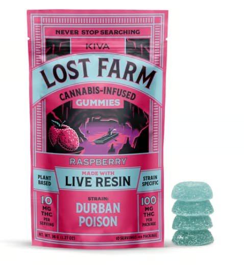 Lost Farm - Raspberry 'Durban Poison' Live Resin Gummies | 100mg | 10ct | 10mg/ea - 1