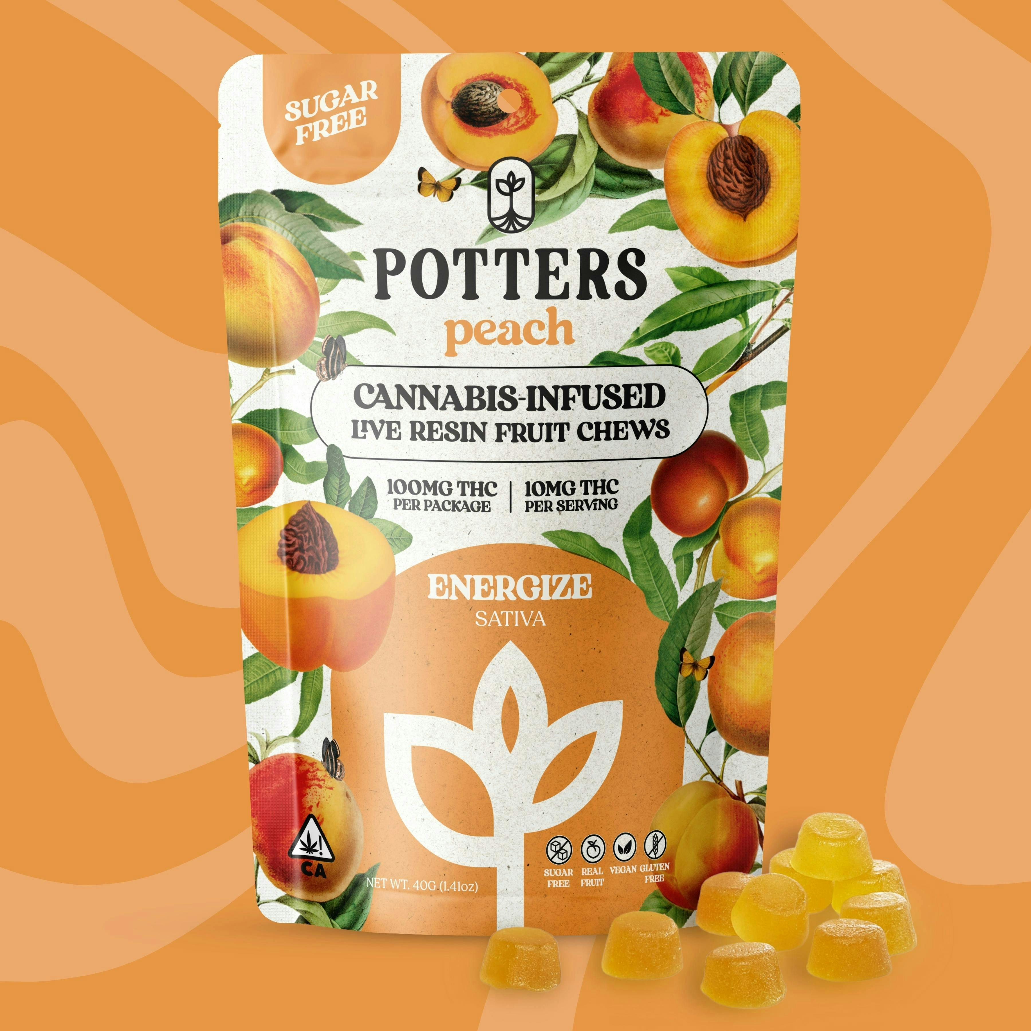 Potters - Sugar-Free Live Fruit Chews | Peach Gummies | 100mg | 10ct | 10mg/ea - 1