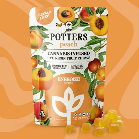 Potters - Sugar-Free Live Fruit Chews | Peach Gummies | 100mg | 10ct | 10mg/ea - 1