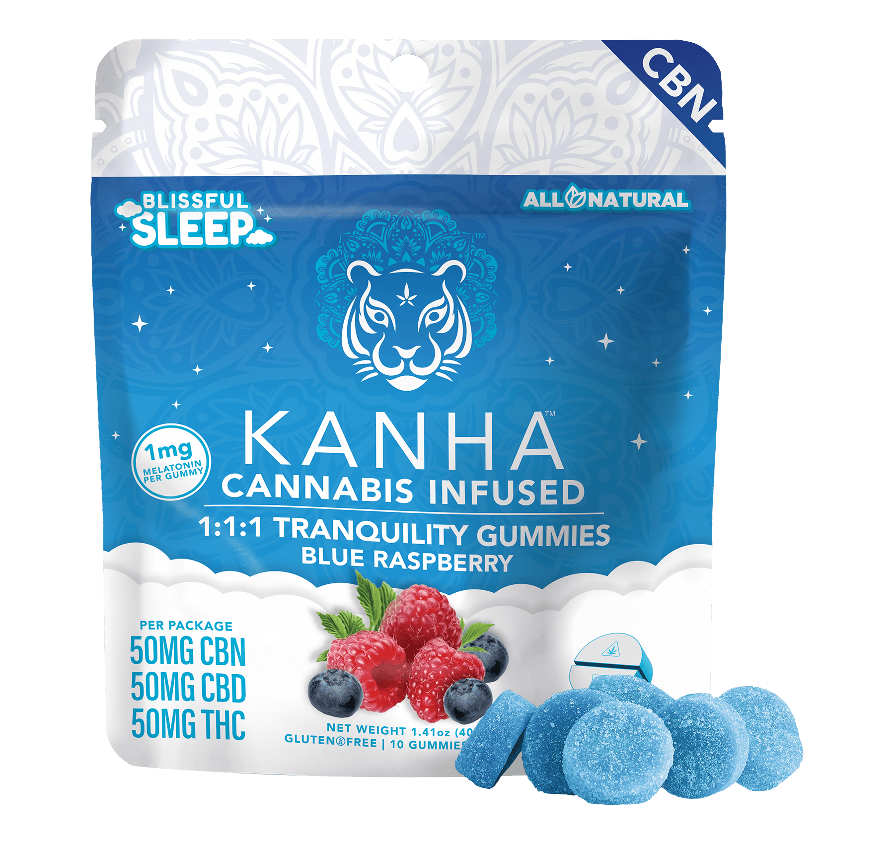 KANHA - Blue Raspberry 1:1:1 CBN:CBD:THC Gummies | 50mg | 10ct | 5mg/ea - 1