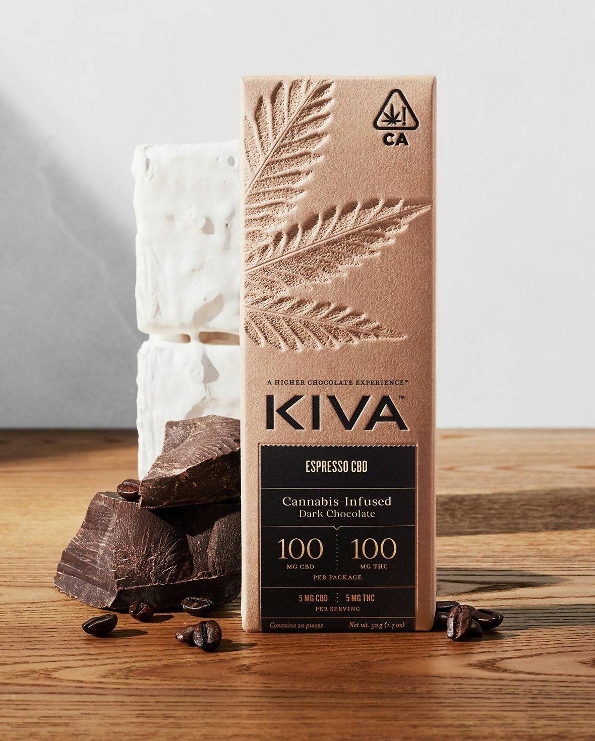 Kiva Confections - 1:1 THC:CBD Espresso Dark Chocolate Bar | 100mg | 20ct | 5mg/ea - 1