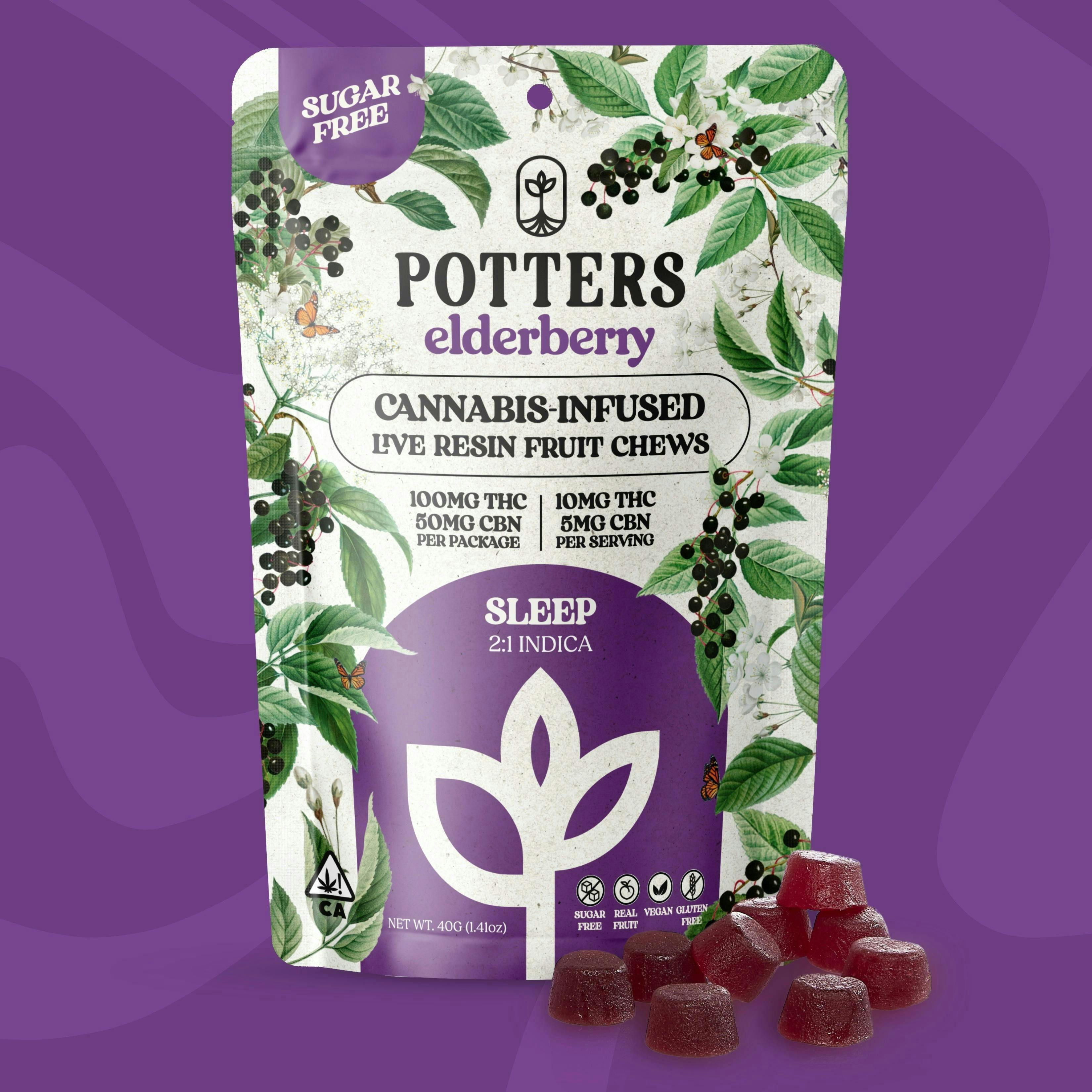 Potters - Sugar-Free | Elderberry 2:1 CBN:THC Gummies | 50mg | 10ct | 10mg/ea - 1