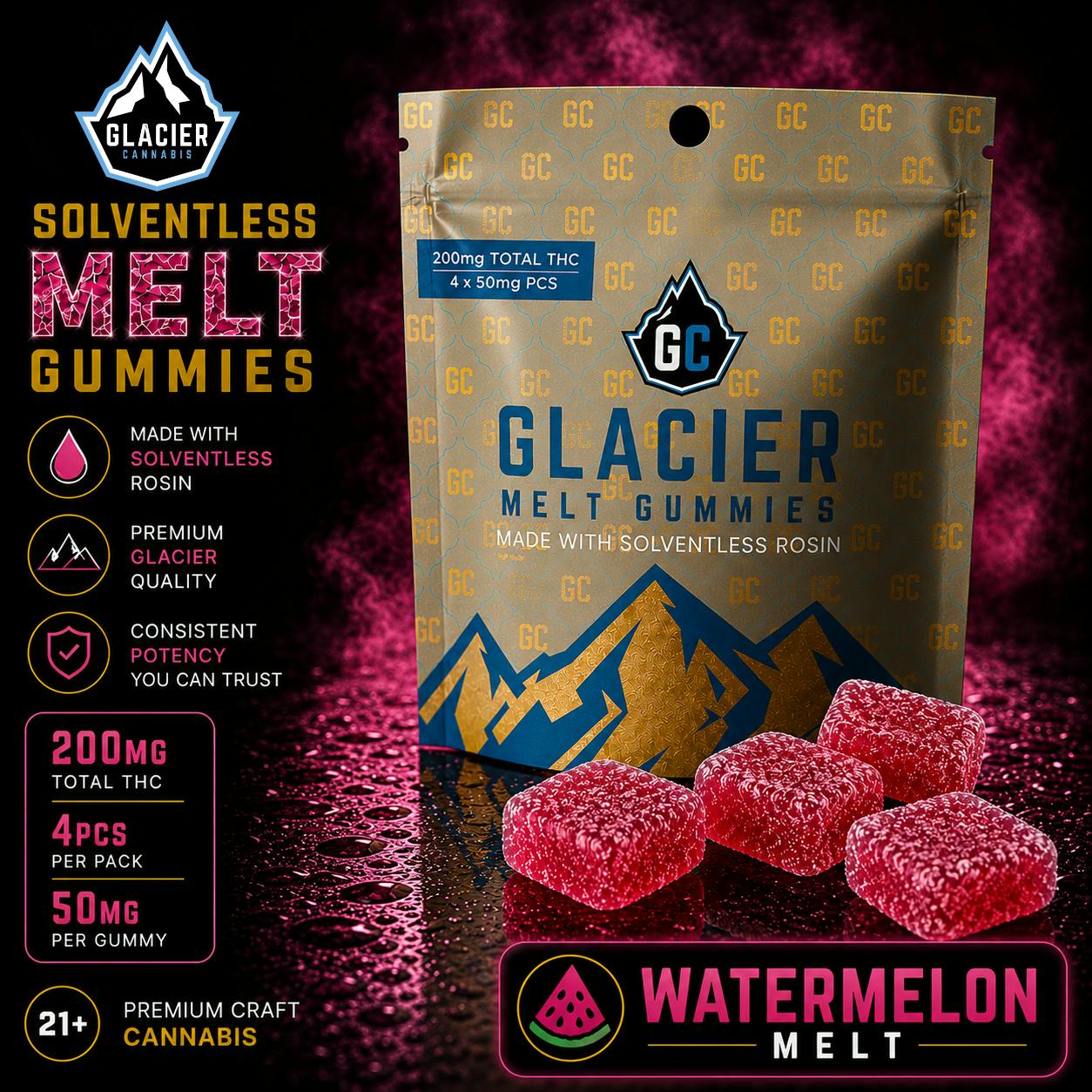 Glacier Cannabis - Glacier Cannabis | Watermelon | Melt Solventless Gummies | 200mg - 1
