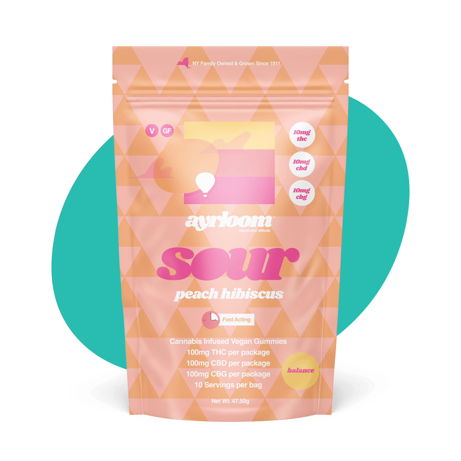 ayrloom - Sour Peach Hibiscus 1:1:1 THC:CBD:CBG | 100mg | 10ct | 10mg/ea - 1