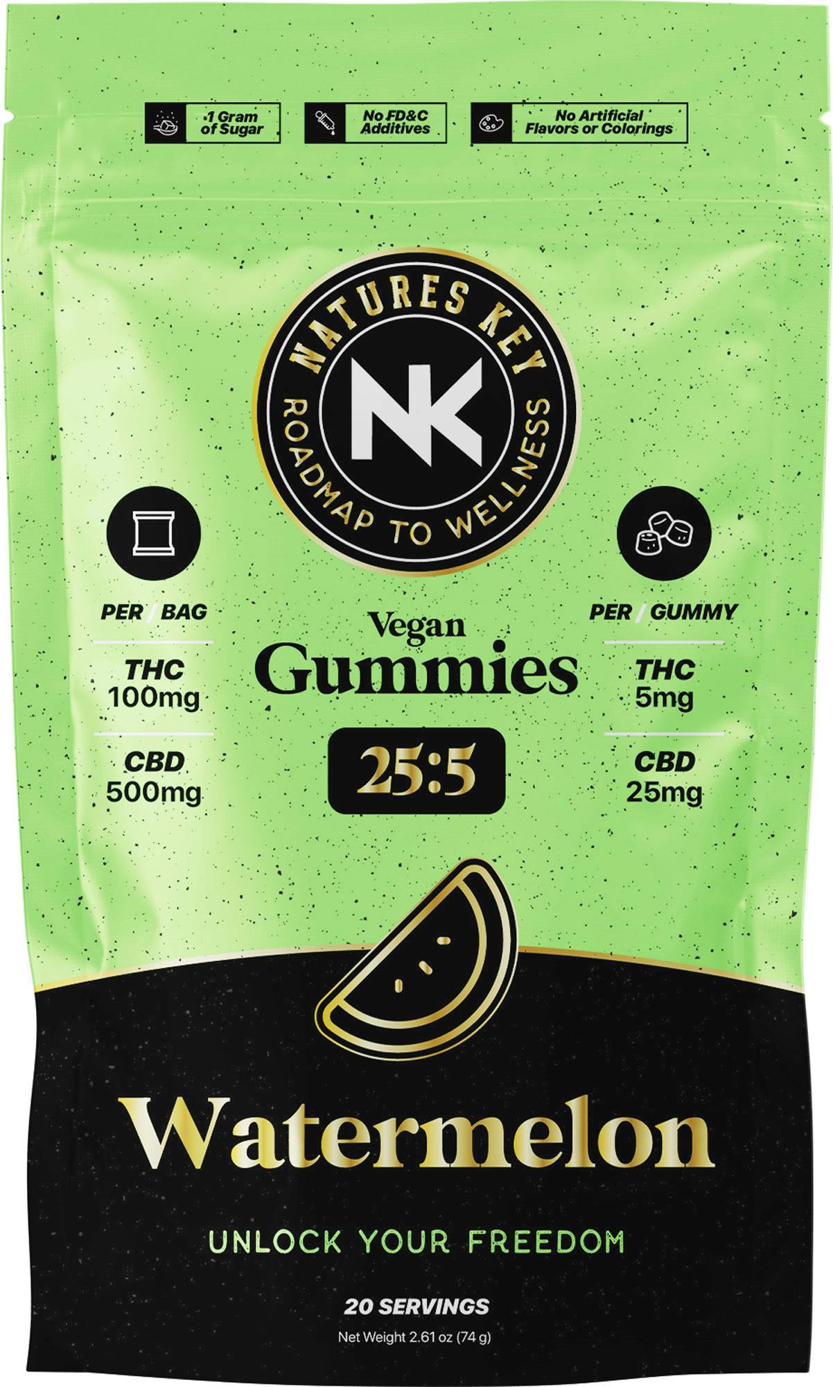 Natures Key - Watermelon | 25:5 | 500mg CBD | 100mg THC | Vegan Gummies - 1