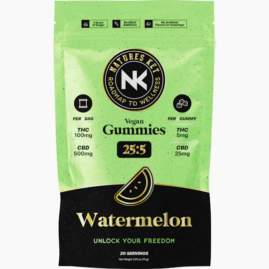 Natures Key - Watermelon | 25:5 | 500mg CBD | 100mg THC | Vegan Gummies - 1