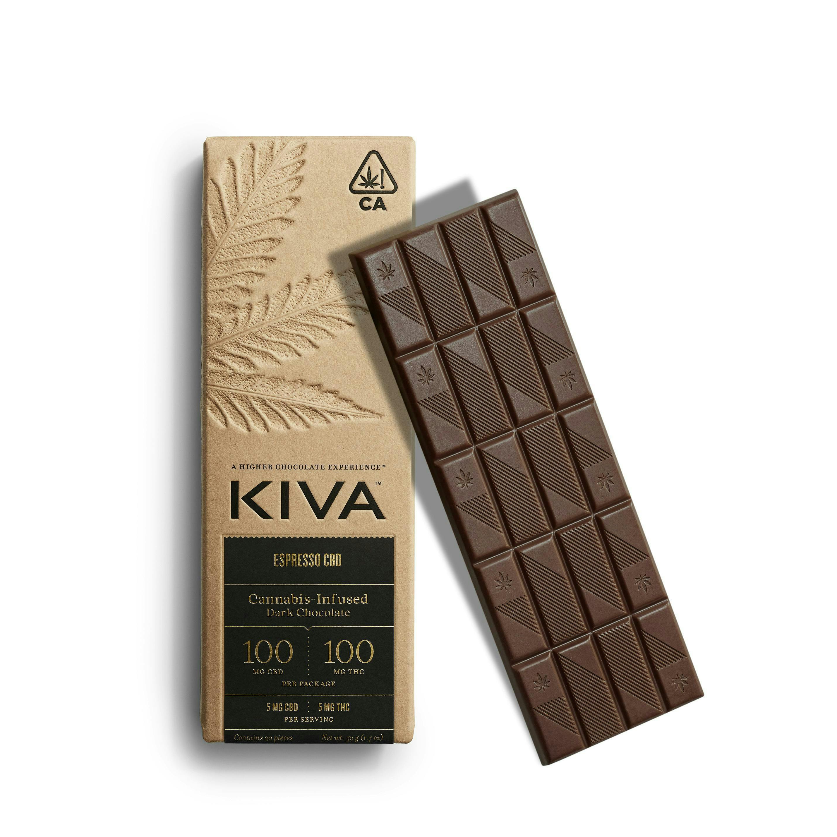 Kiva Confections - Kiva | Espresso Dark Chocolate Bar | THC:CBD | 100mg:100mg | 20ct | 5mg/ea - 1