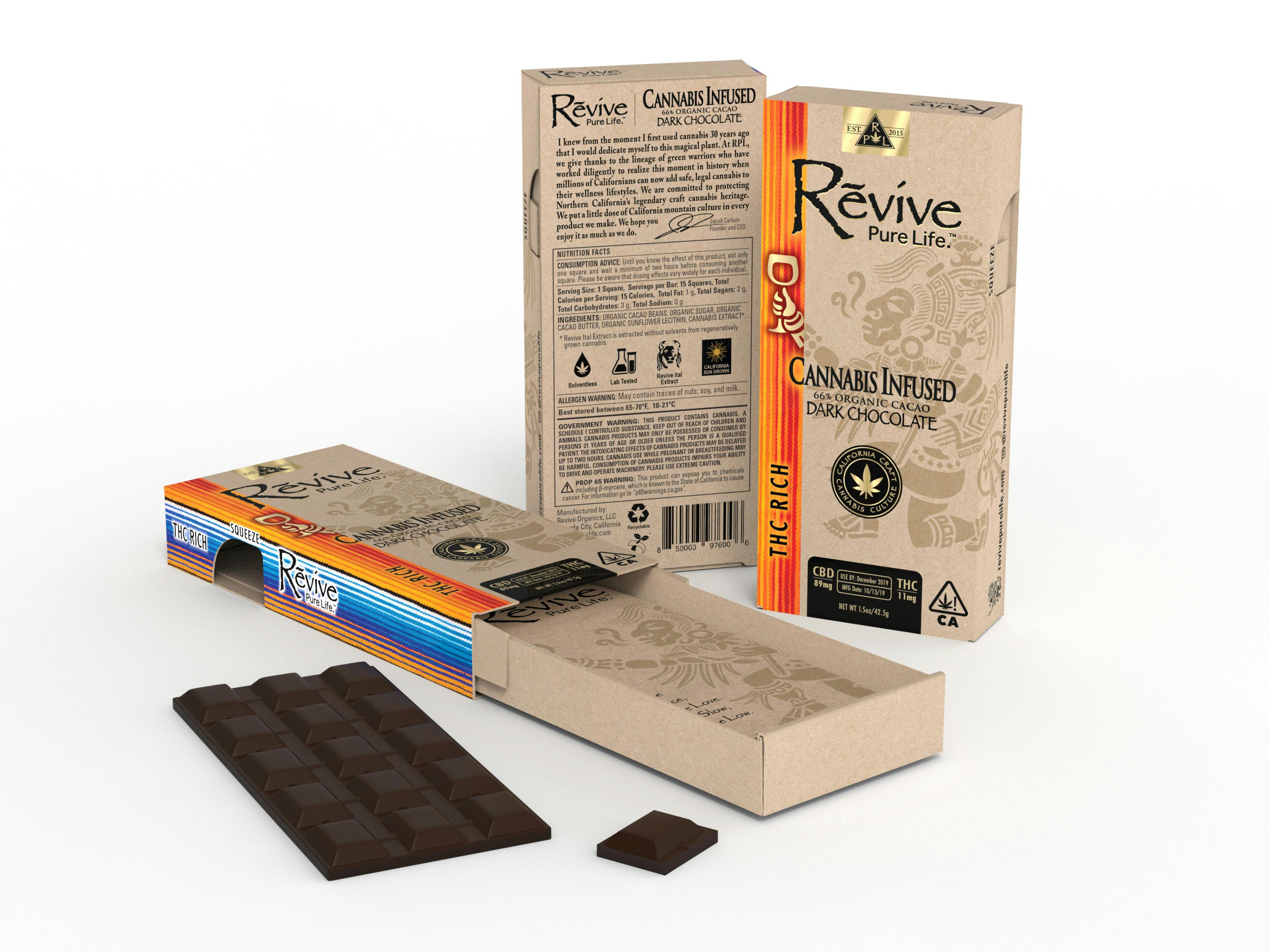 Revive Pure Life - THC Rich - Rosin Infused Vegan Dark Chocolate Bar (66% Cacao and 100mg) - 1