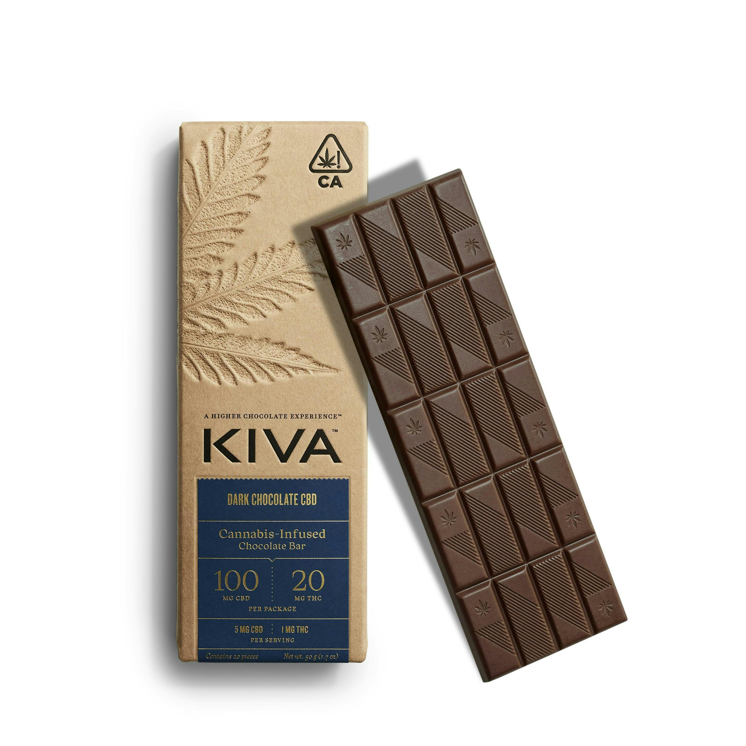 Kiva Confections - Dark Chocolate Bar | THC:CBD | 20mg:100mg | 20ct | 5mg CBD:1mg THC/ea - 1