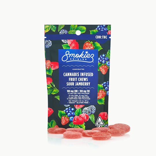 Smokiez Edibles - Sour Jamberry 100mg CBN : 100mg THC 1:1 Fruit Chews - CA - 1