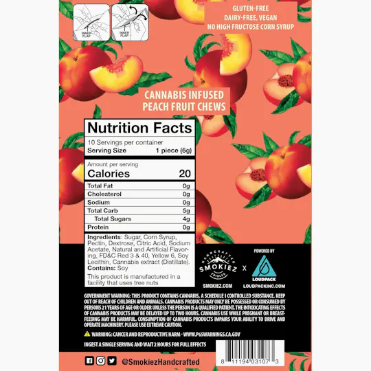 Smokiez Edibles - Peach Fruit Chews | 100mg | 10ct | 10mg/ea - 1