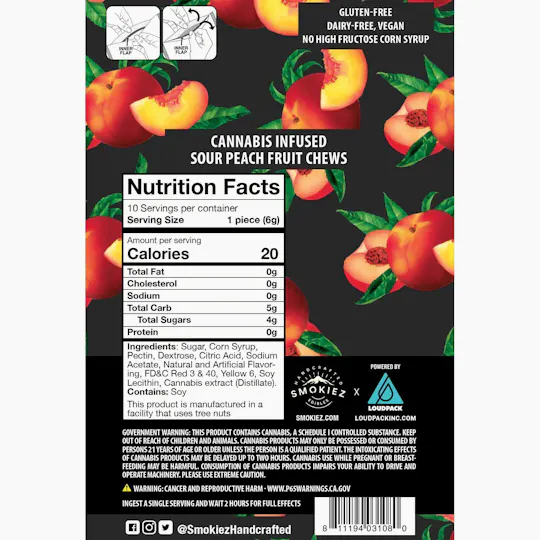 Smokiez Edibles - Sour Peach Fruit Chews | 100mg | 10ct | 10mg/ea - 1