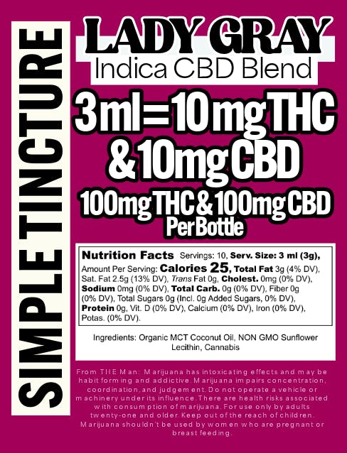 Lady Gray Gourmet Medibles - Lady Gray - Medibles - Simple Tinctures - Indica 1:1 - 1