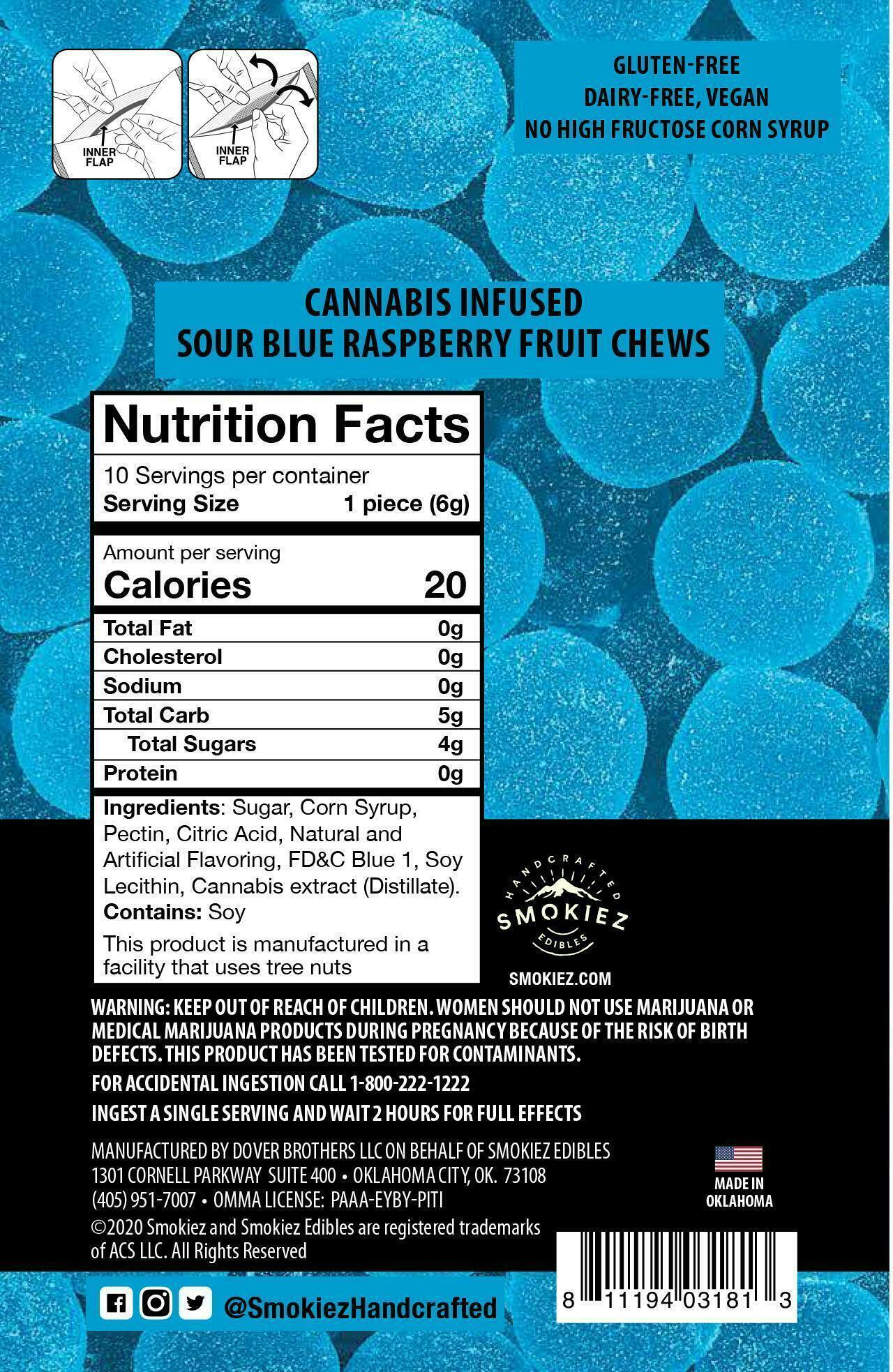 Smokiez Edibles - Sour Blue Raspberry Fruit Chews | 250mg | 10ct | 25mg/ea - 1