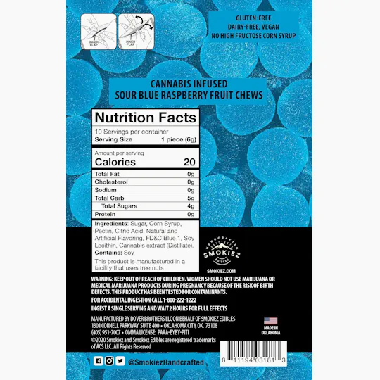 Smokiez Edibles - Sour Blue Raspberry Fruit Chews | 250mg | 10ct | 25mg/ea - 1