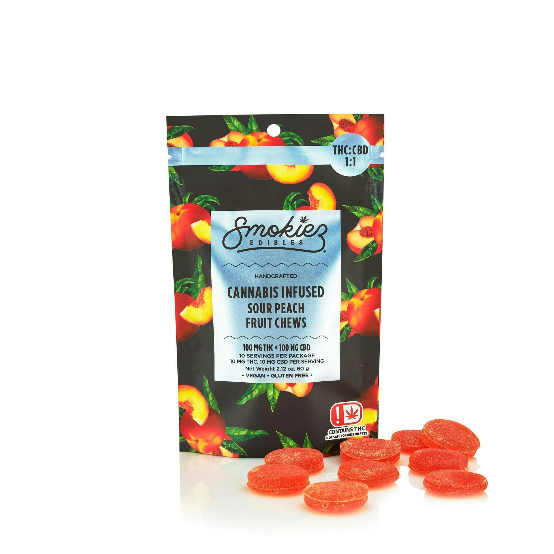 Smokiez Edibles - Sour Peach Fruit Chews THC:CBD 1:1 | 100mg | 10ct | 10mg/ea - 1