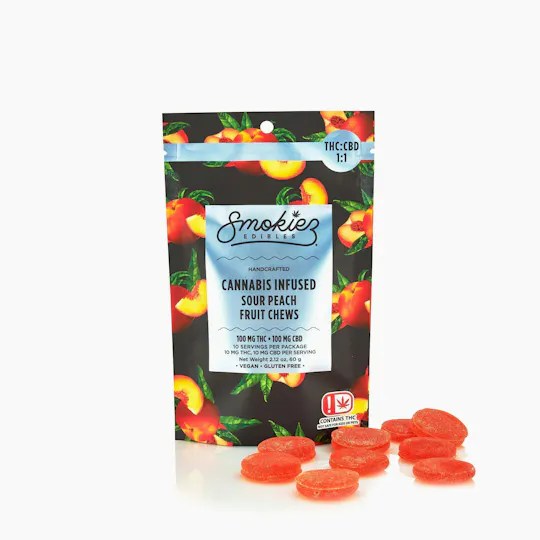 Smokiez Edibles - Sour Peach Fruit Chews THC:CBD 1:1 | 100mg | 10ct | 10mg/ea - 1