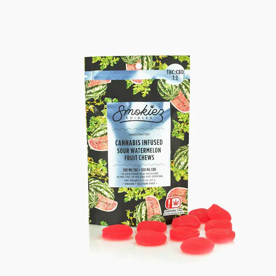 Smokiez Edibles - Sour Watermelon Fruit Chews THC:CBD 1:1 | 100mg | 10ct | 10mg/ea - 1