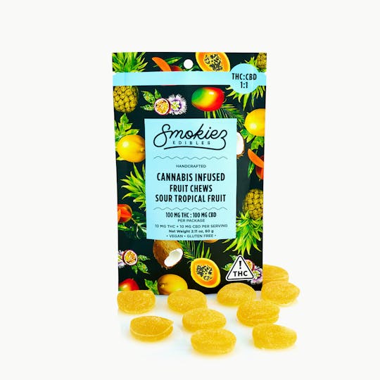 Smokiez Edibles - Sour Tropical Fruit 100mg CBD : 100mg THC Fruit Chews - NV - 1
