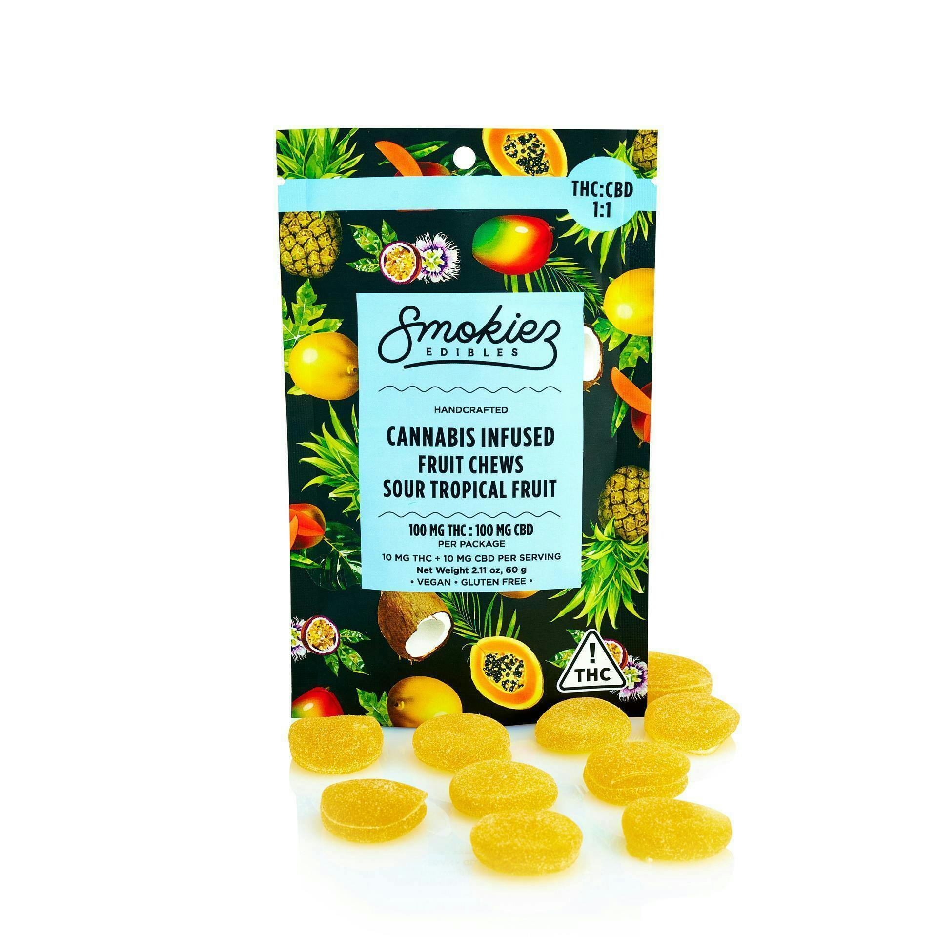 Smokiez Edibles - Sour Tropical Fruit Fruit Chews CBD:THC 1:1 | 100mg | 10ct | 10mg/ea - 1
