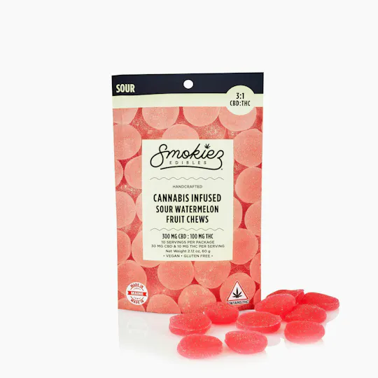 Smokiez Edibles - Sour Watermelon CBD:THC 3:1 Fruit Chews | 100mg | 10ct | 10mg/ea - 1