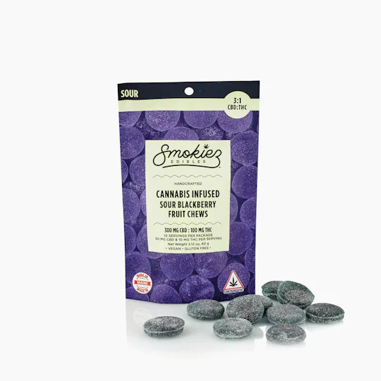 Smokiez Edibles - Sour Blackberry CBD:THC 3:1 Fruit Chews | 100mg | 10ct | 10mg/ea - 1