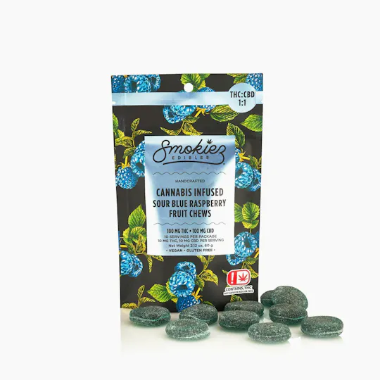 Smokiez Edibles - Sour Blue Raspberry Fruit Chews THC:CBD 1:1 | 100mg | 10ct | 10mg/ea - 1