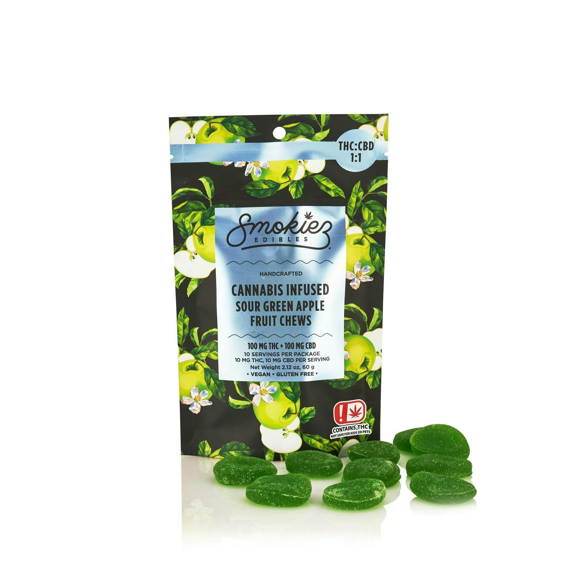 Smokiez Edibles - Sour Green Apple Fruit Chews THC:CBD 1:1 | 100mg | 10ct | 10mg/ea - 1