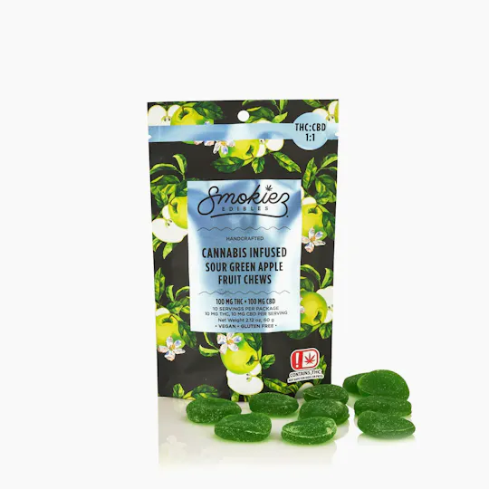 Smokiez Edibles - Sour Green Apple Fruit Chews THC:CBD 1:1 | 100mg | 10ct | 10mg/ea - 1