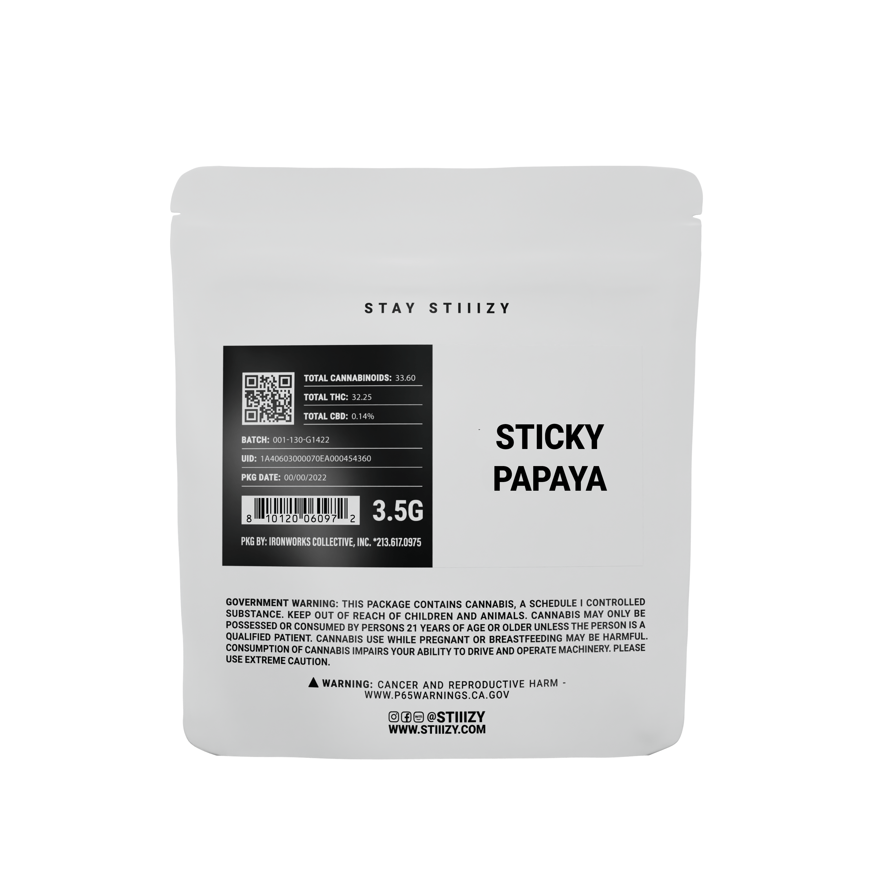 STIIIZY - - STICKY PAPAYA - 3.5G White Label Mylar - 1