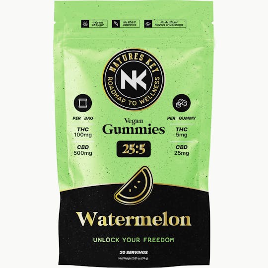 Natures Key - Watermelon | 25:5 | 500mg CBD | 100mg THC | Vegan Gummies - 1