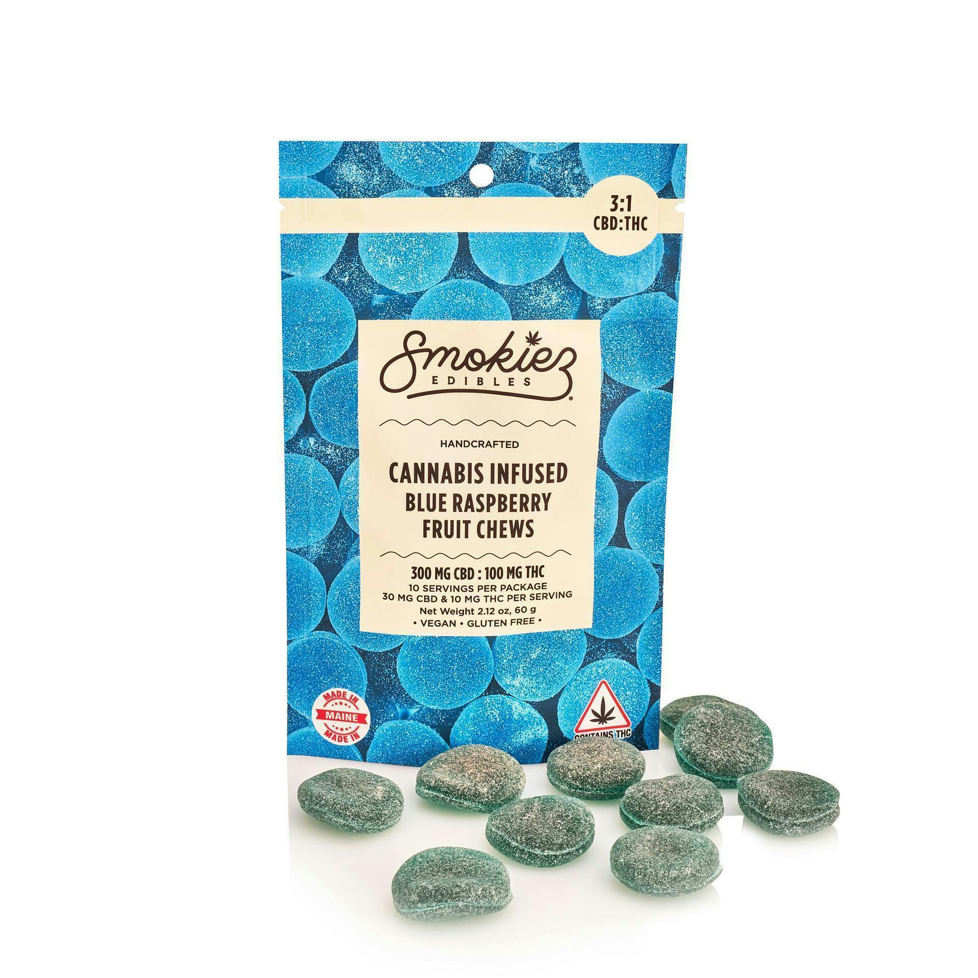 Smokiez Edibles - Blue Raspberry Fruit Chews CBD:THC 3:1 | 100mg | 10ct | 10mg/ea - 1