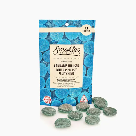 Smokiez Edibles - Blue Raspberry Fruit Chews CBD:THC 3:1 | 100mg | 10ct | 10mg/ea - 1