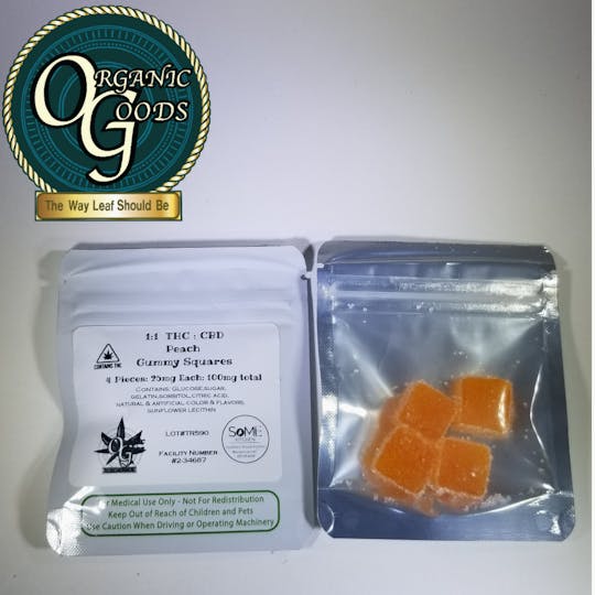 Organic Goods - 100mg 1:1 THC : CBD Peach Gummy Squares - 1