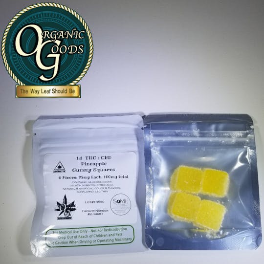 Organic Goods - 100mg 1:1 THC : CBD Pineapple Gummy Squares - 1