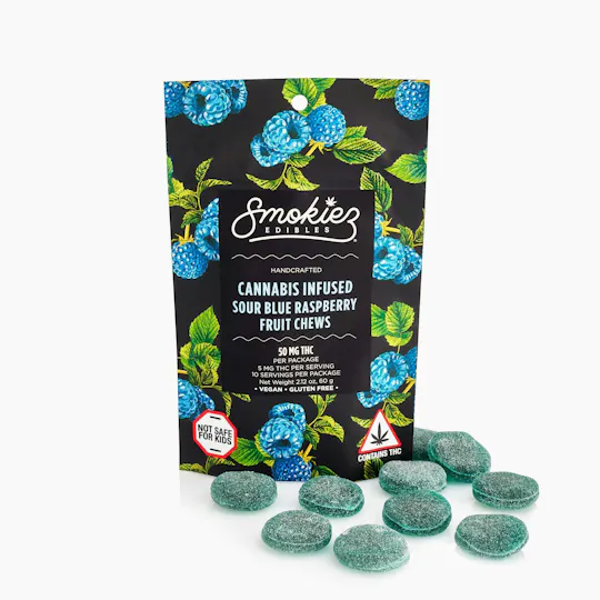 Smokiez Edibles - Sour Blue Raspberry Fruit Chews | 50mg | 10ct | 5mg/ea - 1
