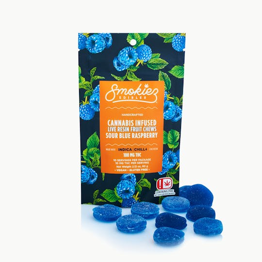Smokiez Edibles - Sour Blue Raspberry Indica 100mg Live Resin Fruit Chews - OK - 1
