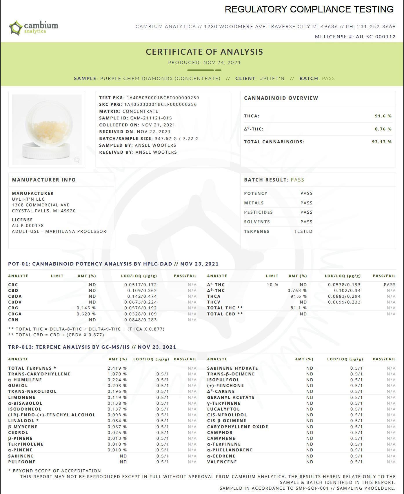 Uplift'N - Purple Chem - Full Spec Diamonds - 93.13% Purity! High THCa + 2.4% Terps - 1