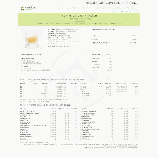 Uplift'N - Wedding Crasher - Full Spec Diamonds - 89.03% Pure! High THCa + 2.1% Terps - 1