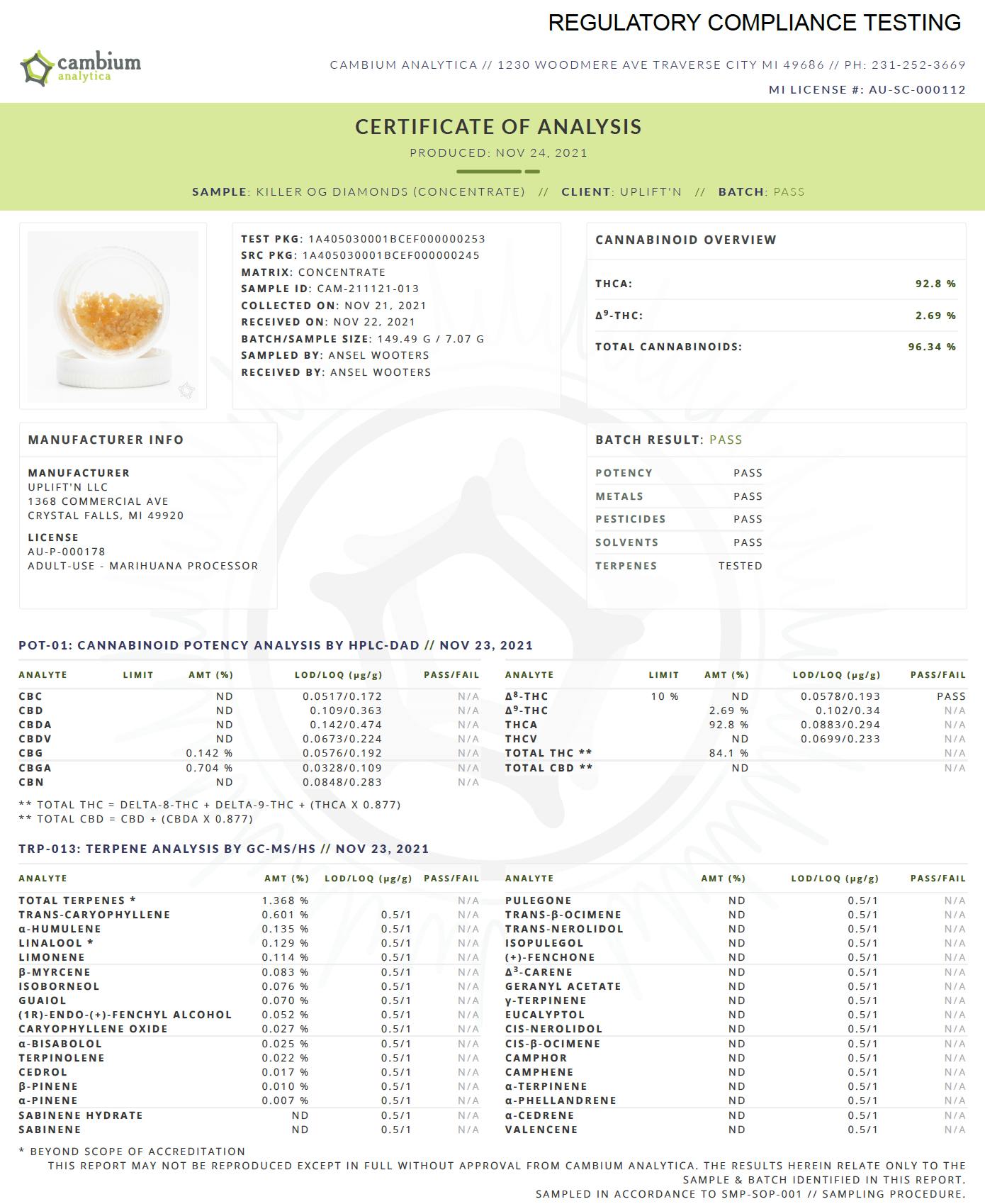 Uplift'N - Killer OG - Full Spec Diamonds - 96.34% Purity! High THCa + 1.3% Terpenes - 1