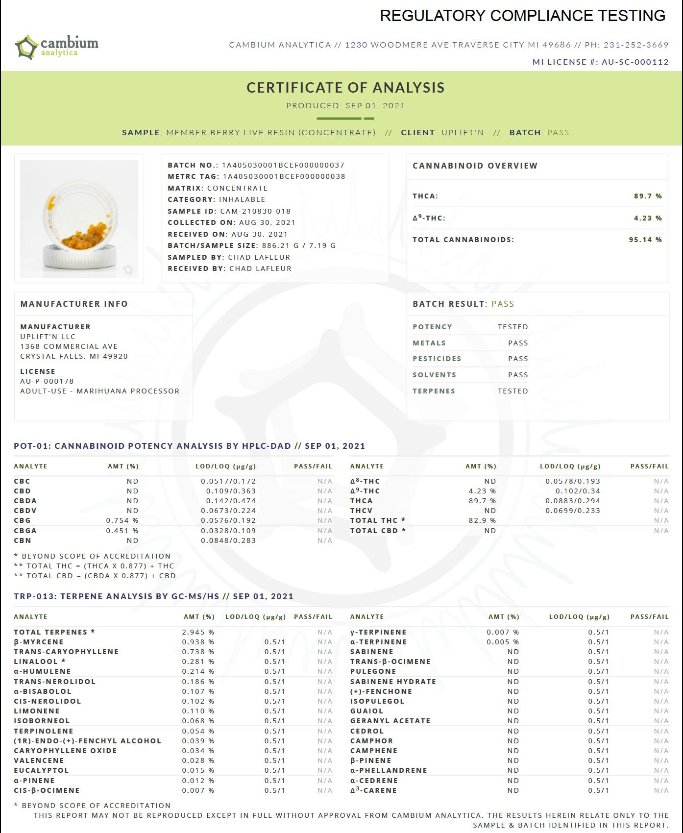 Uplift'N - Member Berry - Full Spec Live Resin - 95.14% Purity! High THCa + 2.9% Terps - 1