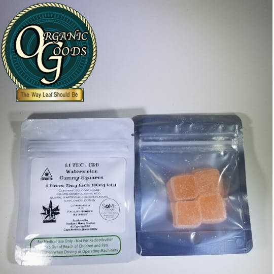 Organic Goods - 100mg 1:1 THC : CBD Watermelon Gummy Squares - 1