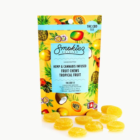 Smokiez Edibles - Tropical Fruit 100mg CBD : 100mg THC Fruit Chews - 1