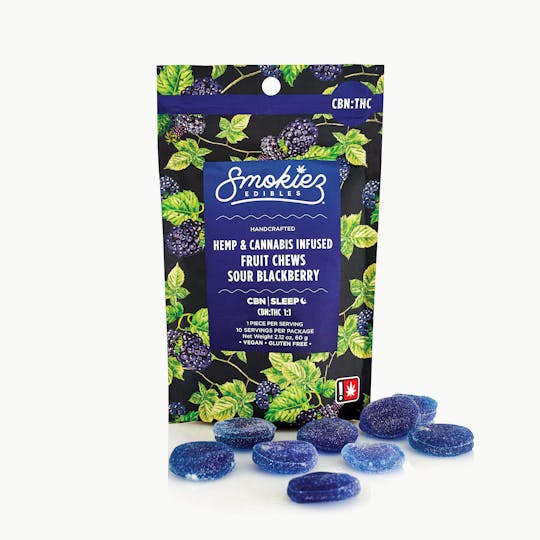 Smokiez Edibles - Sour Blackberry 100mg CBN : 100mg THC Fruit Chews - OR - 1
